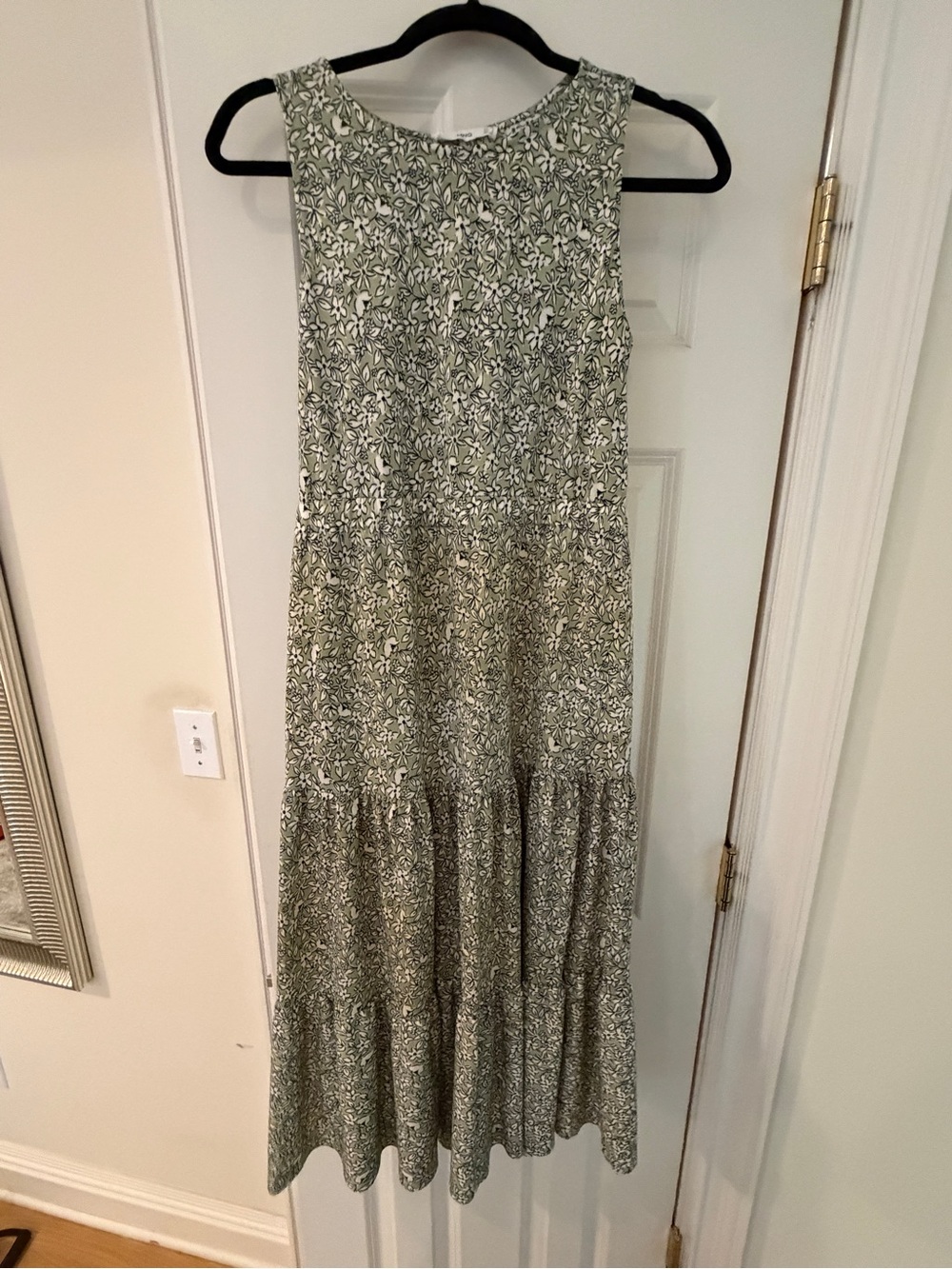 Mango Sleeveless Olive Green Floral Tiered Maxi Dress